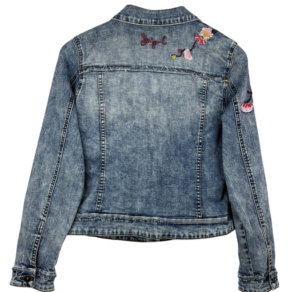 Desigual Floral Embroidered 4 Pocket Distressed Fade Washed Jean Jacket EU 38 - Picture 10 of 14